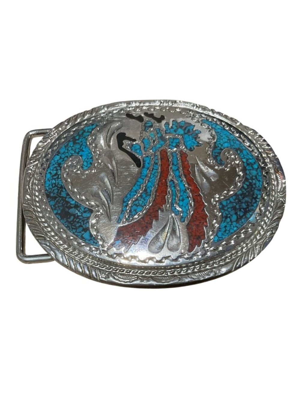 Vtg 1983 Silver-Tone Metal Turquoise Inlay Western Belt Buckle With Red Accents